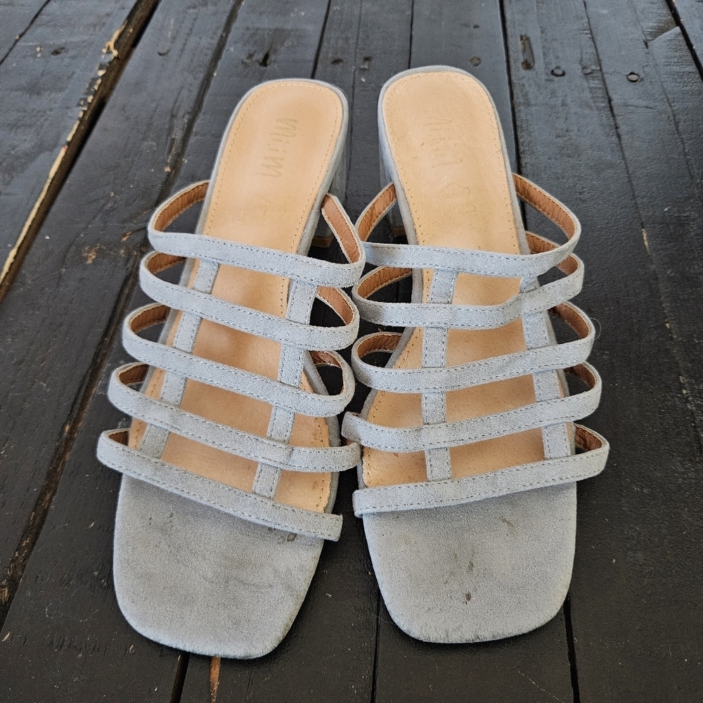Mi.im Women's 8.5 Blue Gray Suede Leather Strappy Sandals Block Heel Square Toe